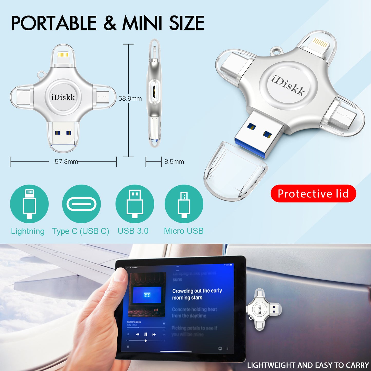 iDiskk MFi Certified 4 in 1 Photo Stick Flash Drive for Photo & Video Backup, File Save & Transfer, USB & Multiport Connection