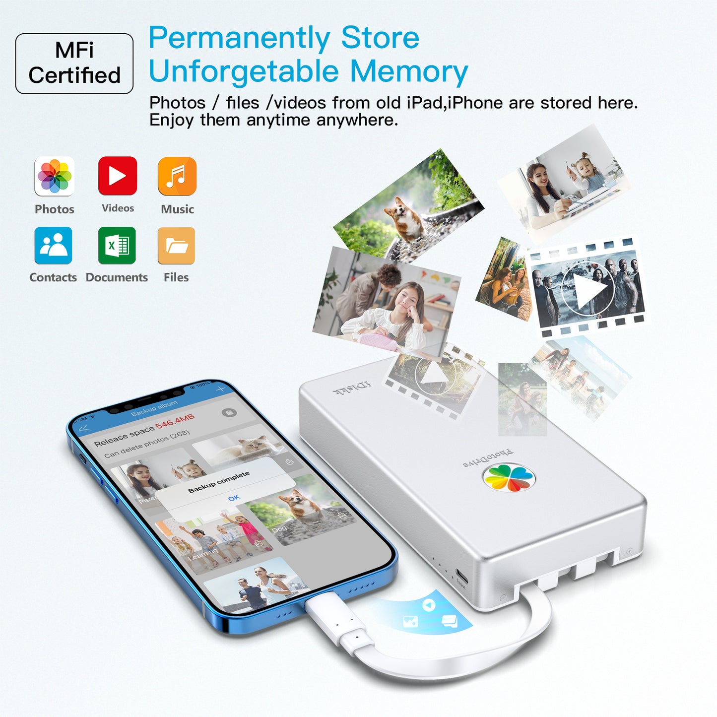 iDiskk MFi Certified Protable External Hard Drive for iPhone & iPad Android Phone Photo Stick, Store Photos, Videos, Music, Documents