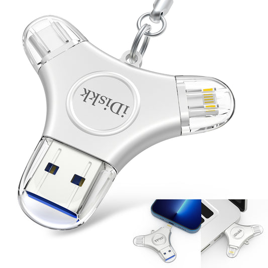 iDiskk MFi Certified 256GB USB 3.0 Flash Drive for iPhone, 3in1 External Memory Photo Stick for iPhone, OTG Android Phone, PC