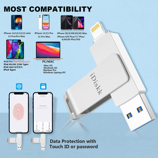 iDiskk MFi Certified Flash Drive Photo Stick Mobile for iPhone Memory Stick iPad External Photo Storage for MacBook/Laptops/ PC Photo Stick