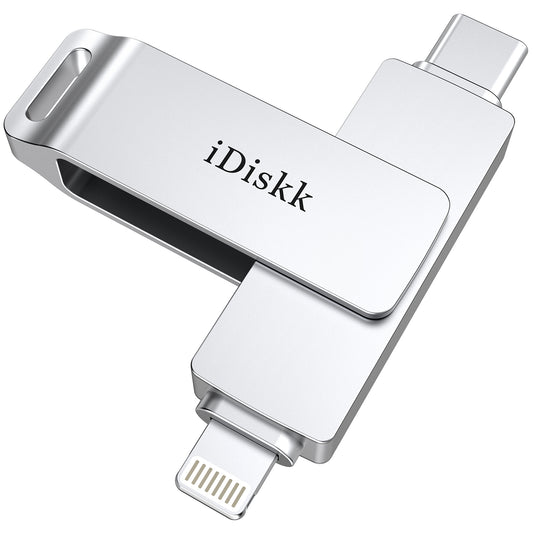 iDiskk MFi Certified 128GB Flash Drive for iPhone Photo Stick for iPhone, iPad, and Macbook - Thumb Drive with Lightning and USB Type-C Connectors