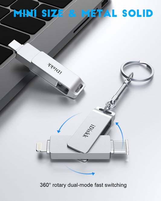iDiskk MFi Certified 128GB Flash Drive for iPhone Photo Stick for iPhone, iPad, and Macbook - Thumb Drive with Lightning and USB Type-C Connectors